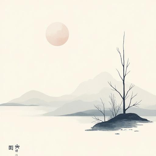 Design inspired by Japanese minimalism featuring an island landscape with minimal forms and natural colors. Includes soft hues and stylized traditional elements.