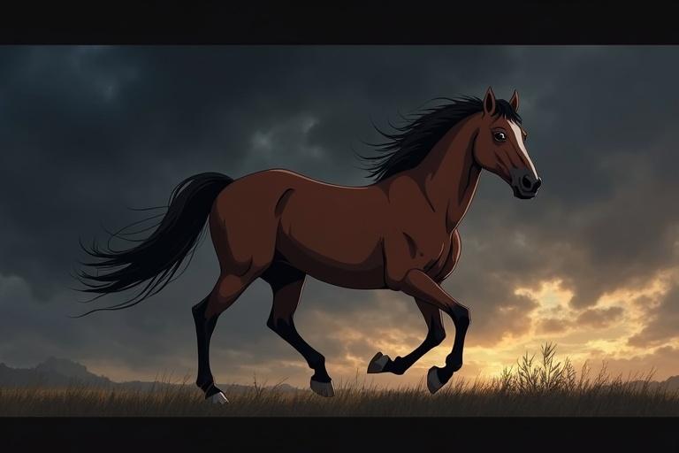 Anime style illustration of a brown dun horse galloping. Horse shown in motion with a stormy background and isolated appearance. Image captures strength and freedom.