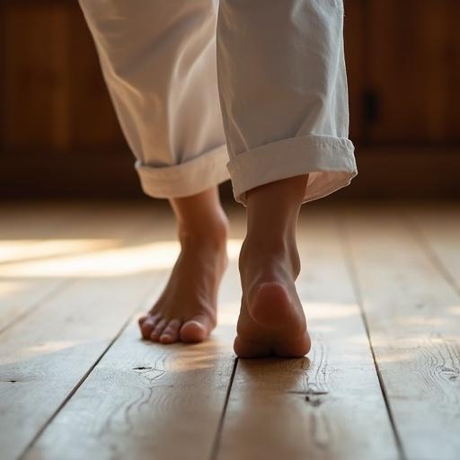 Female karate fighter walks on wooden dojo floor. Bare feet create contact with surface. Soft lighting enhances the natural tones. Movement suggests grace and discipline.