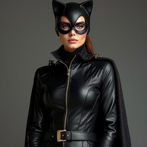 A woman in a sleek leather suit inspired by Catwoman. She wears black leather boots and a matching cape. The outfit is form-fitting emphasizing a heroic silhouette. The background is dark to enhance the dramatic effect.
