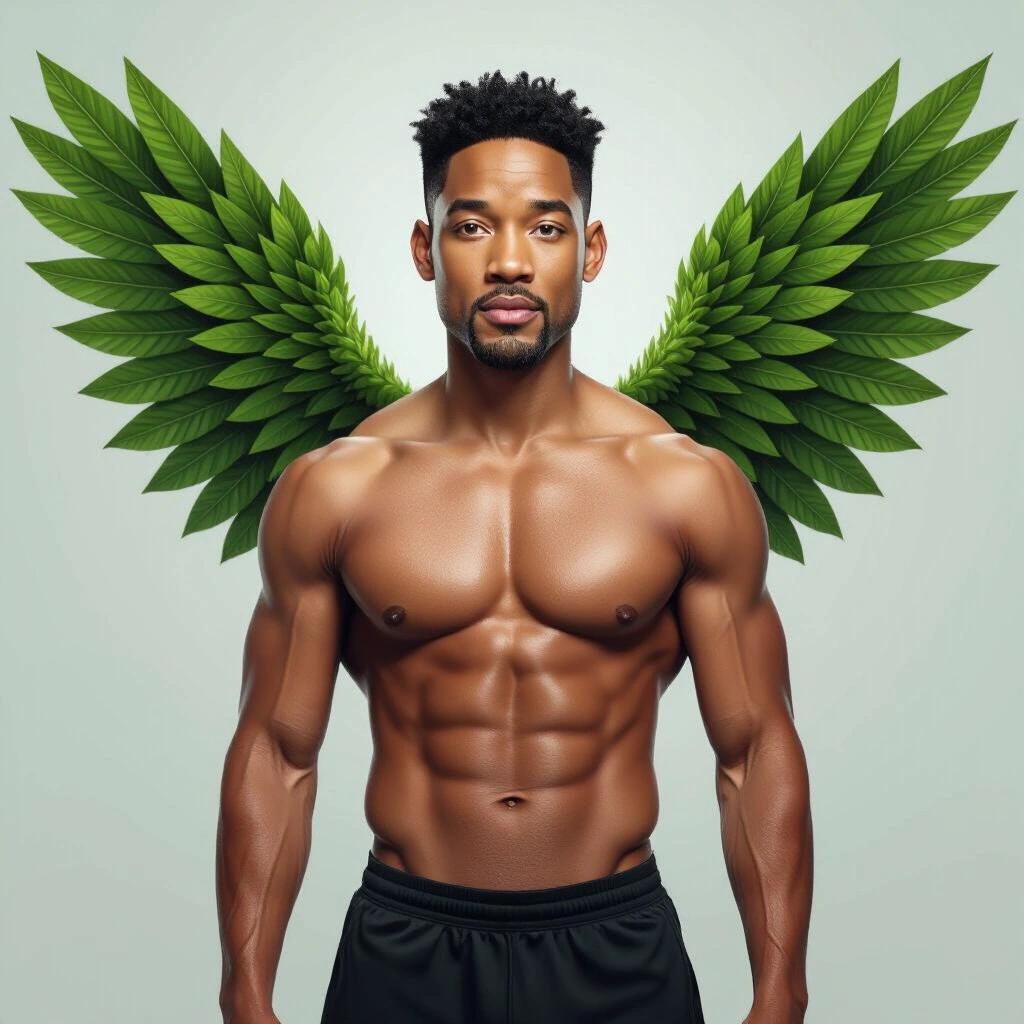 Muscular male figure with leafy wings in a visually striking design. Image embodies strength and connection to nature. Evoke feelings of empowerment and motivation.