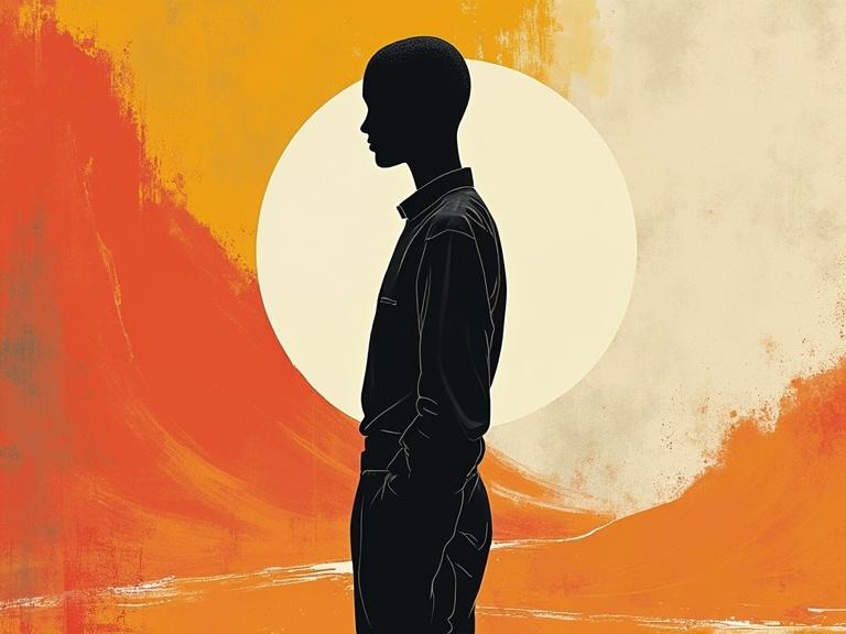 Faceless black mannequin silhouette stands far away in shirt and pants. Futuristic scenario features abstract shapes. Minimalist and abstract illustration in outer space. Bold monochrome background with sharp colorful contrasts. Clean negative space enhances surreal and emotive composition. Fashion editorial vibe reflects high-concept visual storytelling.