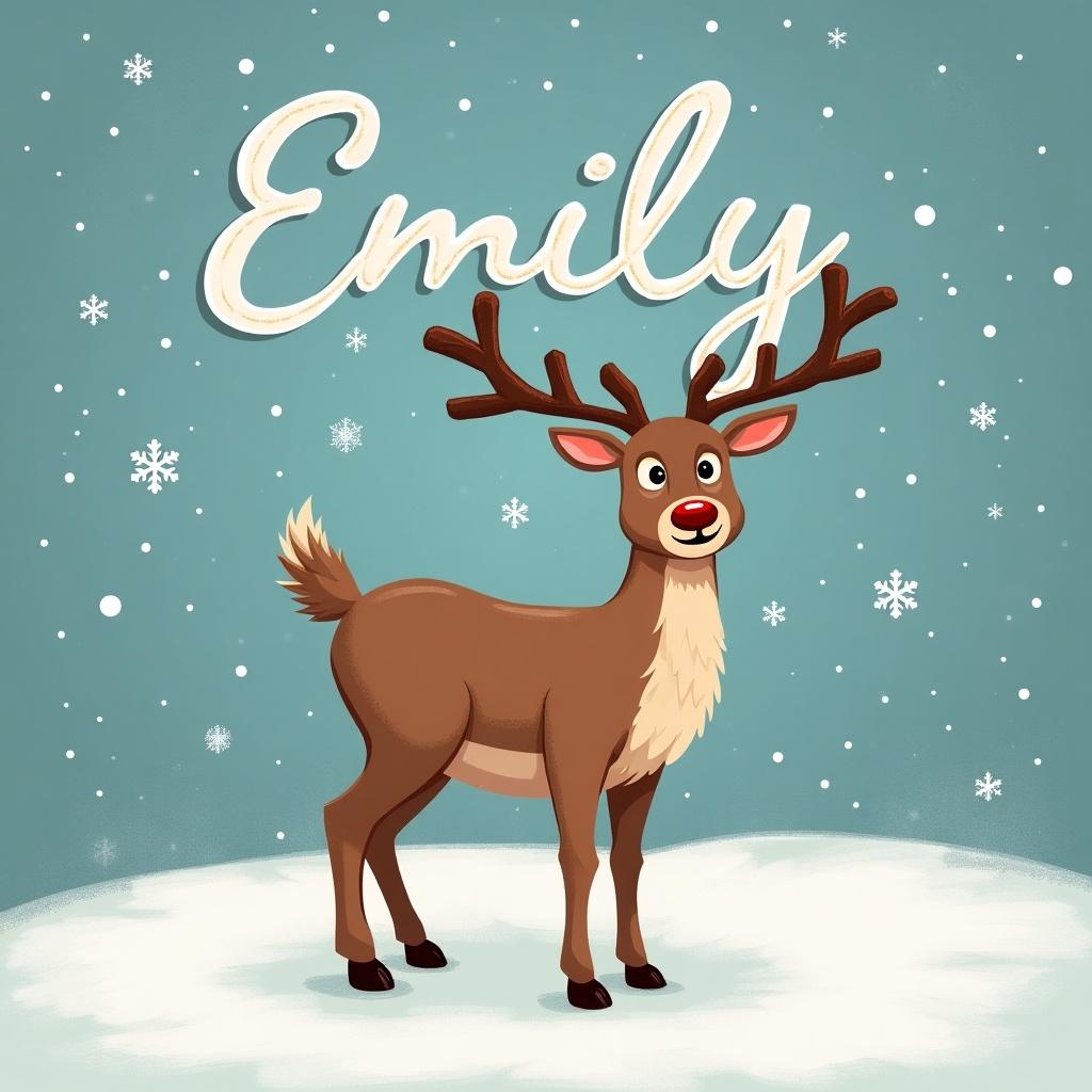 Christmas reindeer named Emily. Scene has snowflakes and a winter backdrop.