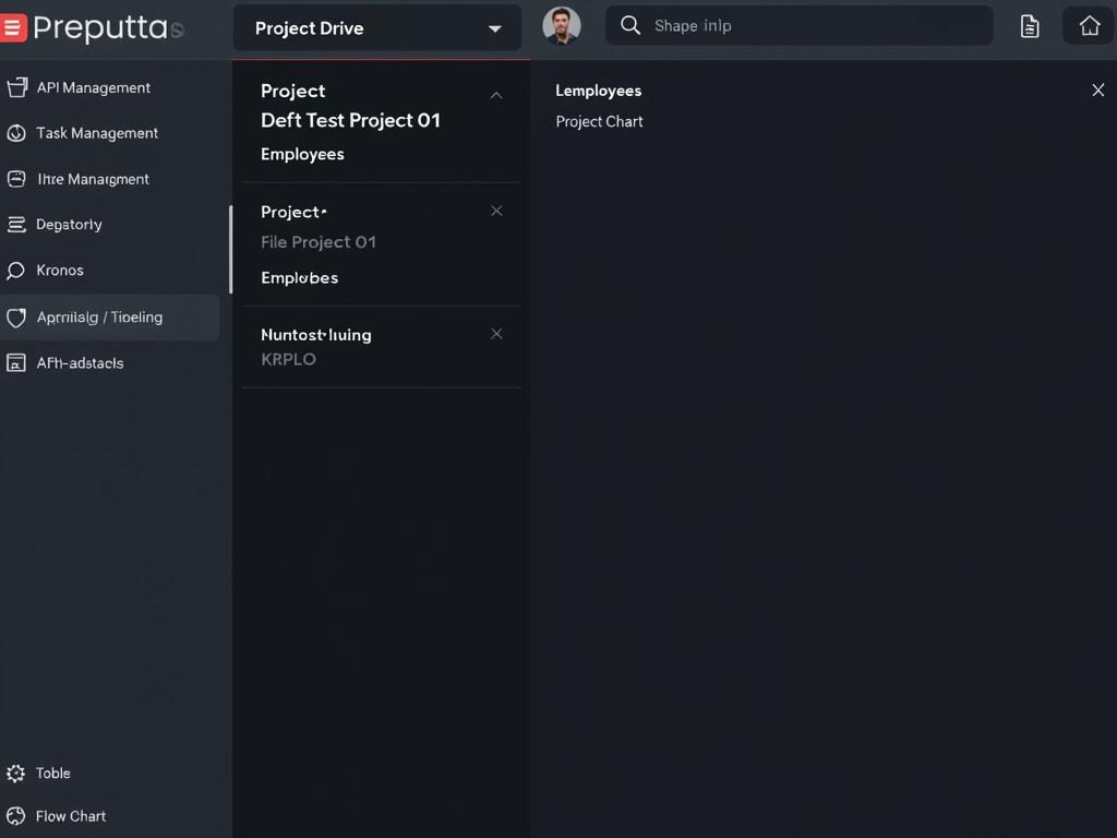 The interface of a project management application displays various features on a dark theme. On the left sidebar, options like 'Api Management,' 'Task Management,' and 'Kronos' are listed. The main area shows a selected project titled 'Test Project 01,' with an empty space for 'Employees' on the right. Dropdown menus for 'Project Drive' include 'File Structure,' 'Directory,' and 'Flow Chart.' The navigation bar at the top provides quick access to different modules of the app, enhancing user experience.