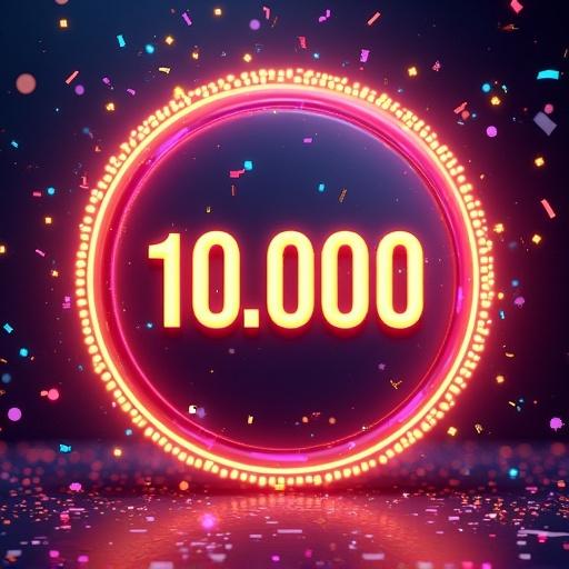 Vibrant digital artwork featuring a glowing '10.000' badge surrounded by confetti and sparkles. Captures excitement and achievement in a modern social media style.