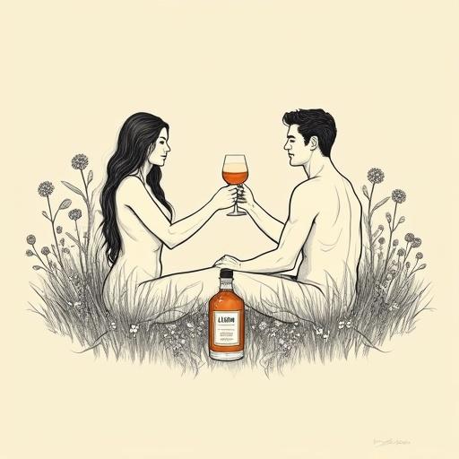 Minimalist line art drawing of serene natural topless Venus goddess seated in wildflowers. She is toasting with a cocktail liqueur glass to her shirtless male partner. Apothecary-style bottle of 'ALFRUNO' elixir nearby gives a golden glow. Bold black outlines on beige background highlight simplicity.