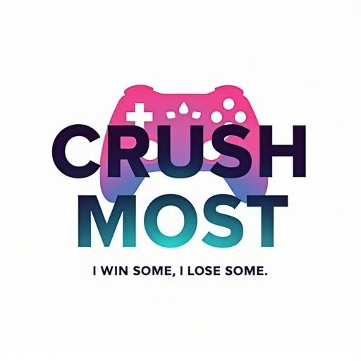 Logo design for a gaming brand showcasing a modern game controller icon with the text CRUSH MOST in a bold sans-serif font. The controller and text feature a gradient from pinkish-purple to teal. A smaller tagline I WIN SOME, I LOSE SOME is included below. Clean and impactful design on a white background.