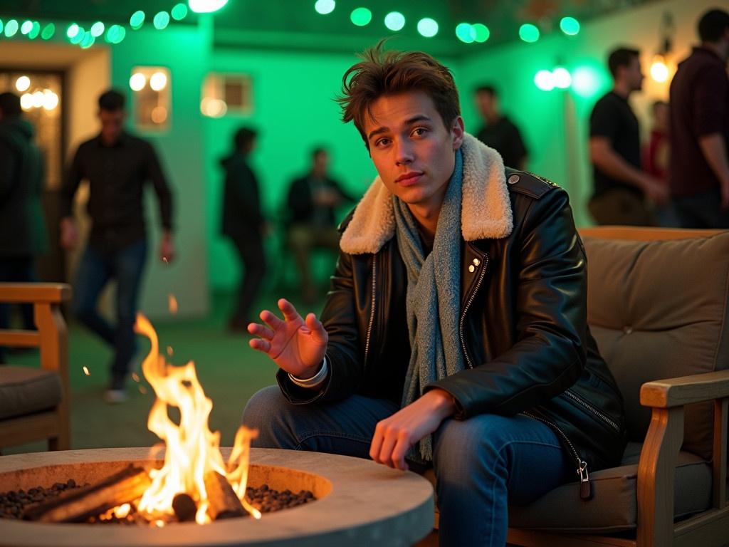 The image shows a young man sitting calmly beside a small fire pit. He has an interesting outfit, wearing a black leather jacket with a warm fur collar and light blue patterned scarf. The environment is vibrant with green lights illuminating the surroundings, indicating an outdoor setting. The man appears to be enjoying the warmth of the fire, with his hands raised as if in conversation or contemplation. In the background, there are several people moving around, showing that this is likely a social gathering or party. The atmosphere seems relaxed and festive, with furniture placed around for comfort.