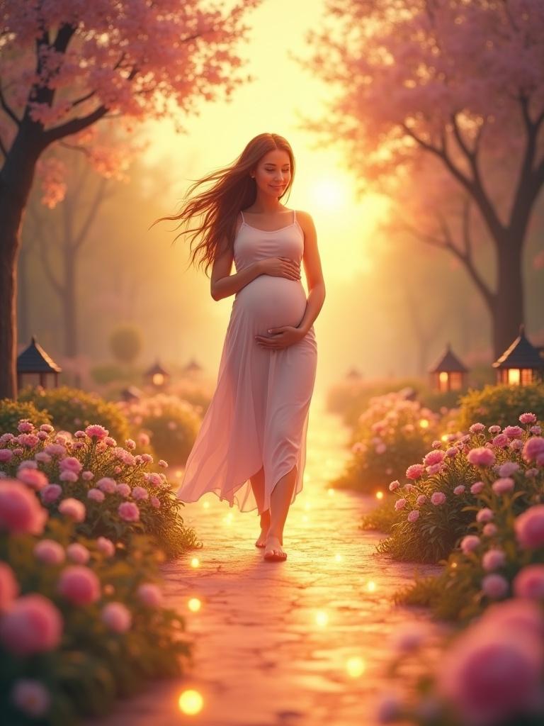 A mother-to-be walks on a glowing path surrounded by light. She holds her belly gently. The environment includes blooming flowers and guiding lanterns. A soft sunrise is in the background. The atmosphere symbolizes love and security toward motherhood. The art is realistic with a warm feel.