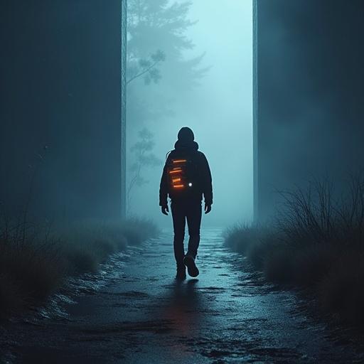 A player departs from a game world. A glowing backpack is strapped on the player. The entrance to a new game appears ahead. The style is minimalist. Focus is on transition moments. Realistic gaming peripherals fill the foreground.