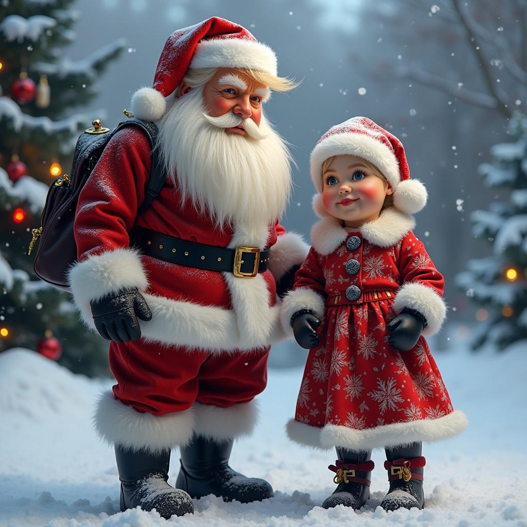 A joyful scene featuring Santa Claus and a child standing in a snowy outdoor setting. Christmas tree adorned with decorations in the background. Soft snowflakes falling around them. Warm smiles reflecting holiday spirit.