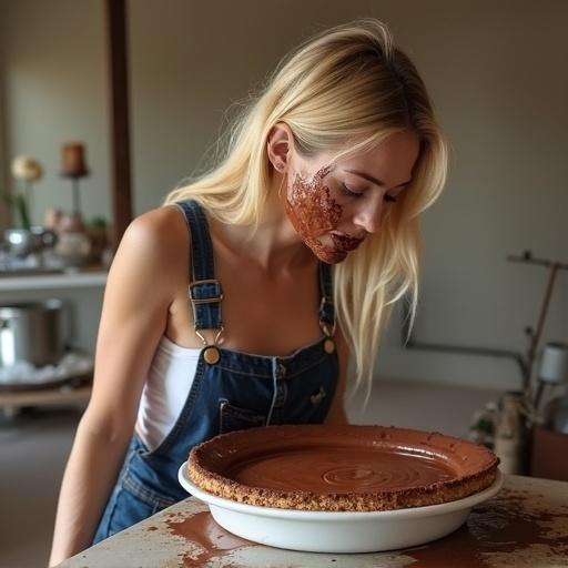 Side view of a woman with blonde hair wearing overalls. She has covered her face in chocolate pie. The setting is a kitchen counter with chocolate pie in front of her.