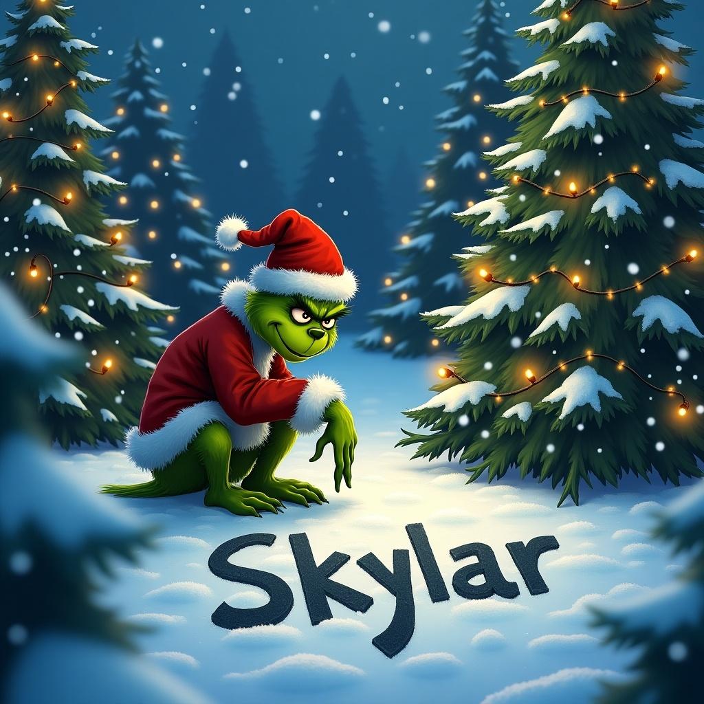 The Grinch outside in the snow. Surrounded by Christmas trees with lights. Writing the name Skylar in the snow.