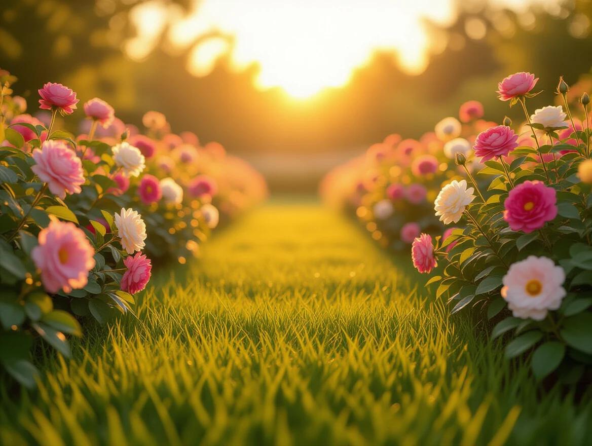 Garden filled with colorful flowers at sunset. Warm golden and pink hues. Professional photographic style. Detailed close-ups of roses, peonies, and carnations. Realistic grassy textures. Empty central area for potential addition of a person. Blurred background with trees and soft lights. High detail 8K. Dreamy atmosphere and wide perspective for harmonious composition.