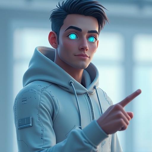 Futuristic friendly male AI avatar with clean tech style. Semi-human face with glowing blue cybernetic eyes. Smooth metallic skin with subtle circuit patterns. Wears a minimal high-tech hoodie. Soft and blurred background in light-blue and white tones. Points to the left with calm and intelligent expression. Ideal for tech YouTube brand. Stylized vector art with high resolution and clean lighting.