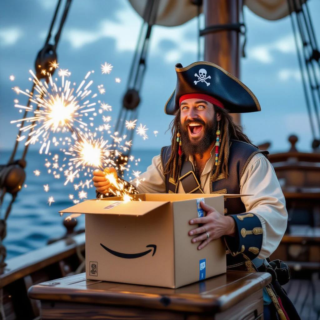 A joyful pirate opening an Amazon box on a pirate ship. Fireworks burst from the box. Lighter colors dominate the scene.