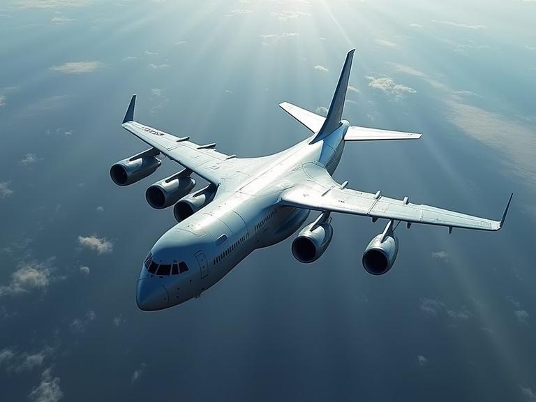 Image depicts a sleek military Airbus A400M aircraft in a blue and white atmosphere. The aircraft has a bevel shape and shows specular and textured details. The sky features dramatic lighting and shadows, suggesting a cinematic scene.