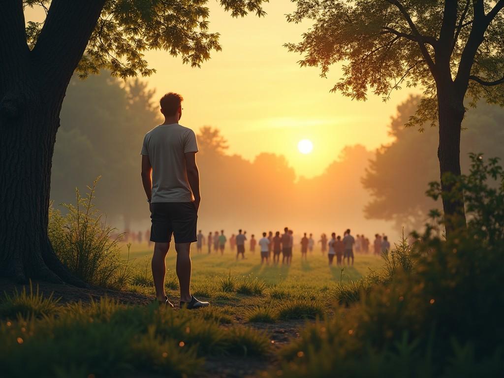 The image captures a serene moment during the golden hour where a lone figure stands in a lush green field, gazing toward a distant sunset. Soft, warm light envelops the scene as the sun descends, creating a nostalgic atmosphere. In the background, a crowd of people can be seen slowly moving, perhaps toward a shared destination. The lone figure appears contemplative, suggesting themes of longing and connection. This captivating scene evokes a sense of hope and the desire to reunite with loved ones or friends.