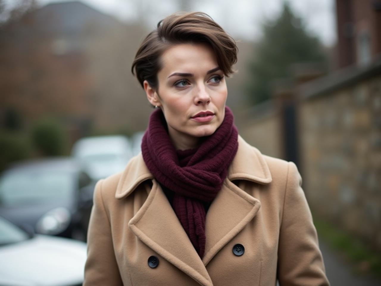 The image captures a woman with a short hairstyle, wearing a beige coat and a deep burgundy scarf. Her expression is pensive as she walks down a blurred street, hinting a change of seasons. The setting suggests a chilly day in an urban environment, with softly muted background colors.