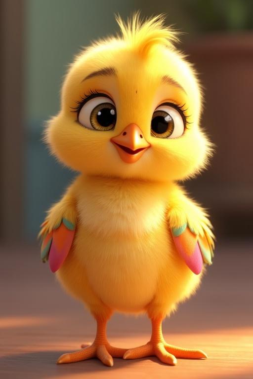 Cute young chick with big eyes and colorful feathers designed in a Disney Pixar style. Expressive features and fluffy texture.