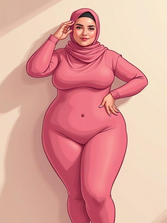 Illustration of a confident chubby woman wearing a pink bodysuit and hijab. She poses with one hand on her head and the other on her hip. The background is simple, emphasizing her upper body. The image shows her looking directly at the viewer against a light wall.