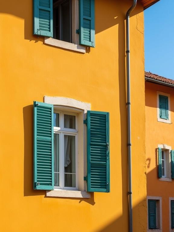 Photograph of an orange-yellow building with teal blue shutters. One window is open. Sunlight casting warm light highlights the features. White window frames create contrast. The building has vertical lines. It features simple architectural design. The clear blue sky is in the background during daytime. No people are present. There is a slight shadow on the wall. Building has traditional European architecture style. Slightly aged texture is visible. The top has a dark brown roof edge. Windows are present both upper and lower. The image displays both vertical and horizontal lines. The overall atmosphere is warm and inviting. Detailed textures are seen on the paint and shutters. Sunlight enhances the classic look.