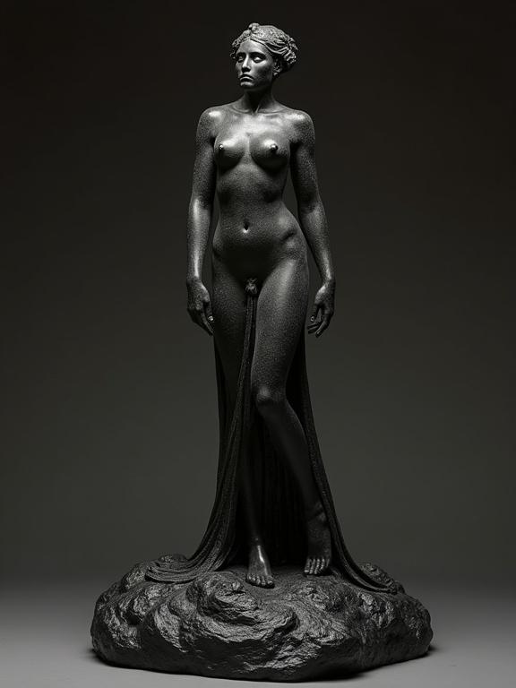Rodin sculpture of a yoga goddess posing nude on a black lava base. Artwork shows a mysterious atmosphere with gritty texture in a fantasy art style.