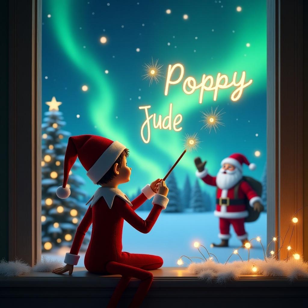 This charming image features an elf on the shelf character positioned with his back to the viewer. He is facing a beautiful winter sky illuminated by magical northern lights. Using his wand, he elegantly writes the names 'Jude' and 'Poppy' in the air. In the background, Santa Claus waves cheerfully against a snowy landscape, adding to the festive atmosphere. The window frame subtly accentuates the scene, making it feel cozy and magical.