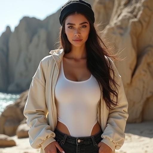 A young woman with an oval face and smooth fair skin. Thick dark eyebrows with a natural arch. Large brown almond-shaped eyes. Straight narrow nose and full lips. Long dark hair flowing freely. She wears a white bodysuit, light cream jacket, black denim jeans, and black scarf on her head. Standing near rocky cliffs in a natural setting. Soft natural lighting with serene atmosphere.