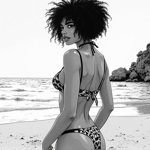 Manga style illustration of a woman in a bikini on the beach. Strong hard lines with a dithering effect. Cinematic perspective featuring a coastal landscape.