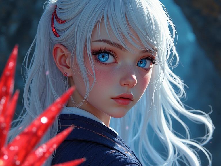 Bright surrealism art featuring a close portrait of a young female. She has hypervivid blue eyes, long wavy silver hair with red stripes, and pale skin. Red crystals extend from her, resembling blades. Dressed in a navy granite kimono, she stands in a shining cave with bold colors and gradients.