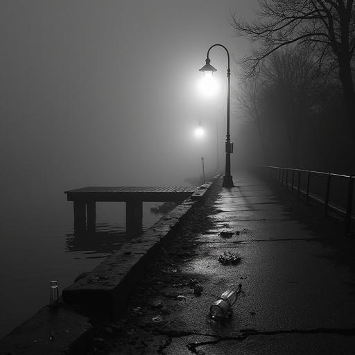 Film noir scene in black and white. Dark foggy riverside. Broken wooden dock half-sunken in water. Shattered glass bottles on ground. Flickering broken streetlamp. Large dent on curb indicating impact. Cracked asphalt with twisted metal railing. Crooked streetlamp at path’s end. Heavy fog creating mysterious atmosphere. Dramatic shadows enhancing cinematic feel.