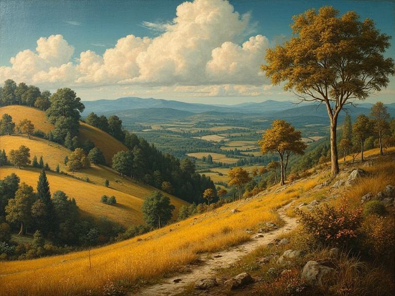 a painting of a landscape in the style of Benozzo Gozzoli with rolling hills and a winding path
