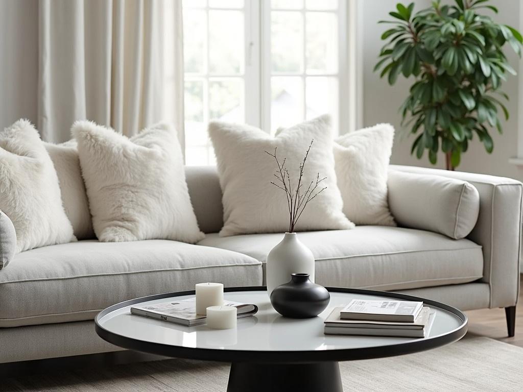 This image depicts a cozy living room setting with a neutral color palette. A spacious, light gray sofa is adorned with fluffy white throw pillows, inviting comfort and relaxation. In front of the sofa, there is a unique black and white coffee table, featuring modern design elements. A decorative vase sits on the table alongside a few white candles and stylish magazines. Natural light fills the room, enhancing the warm ambiance. To the side, a lush green plant adds a touch of nature, complementing the minimalist decor.