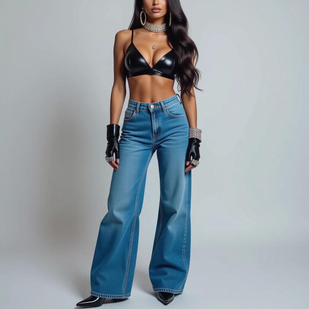 A full body shot of a woman wearing shiny latex jeans and high leather heeled boots. She has long earrings and bracelets on both arms. A long necklace is worn. The background is white. The woman stands facing the camera with long gloves.
