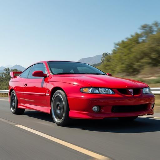 Car in motion. Pontiac version of 1997 Opel Calibra. Vivid red color. Sporty design. Dynamic angle. Background blurred. Mountainous scenery. Bright daylight.
