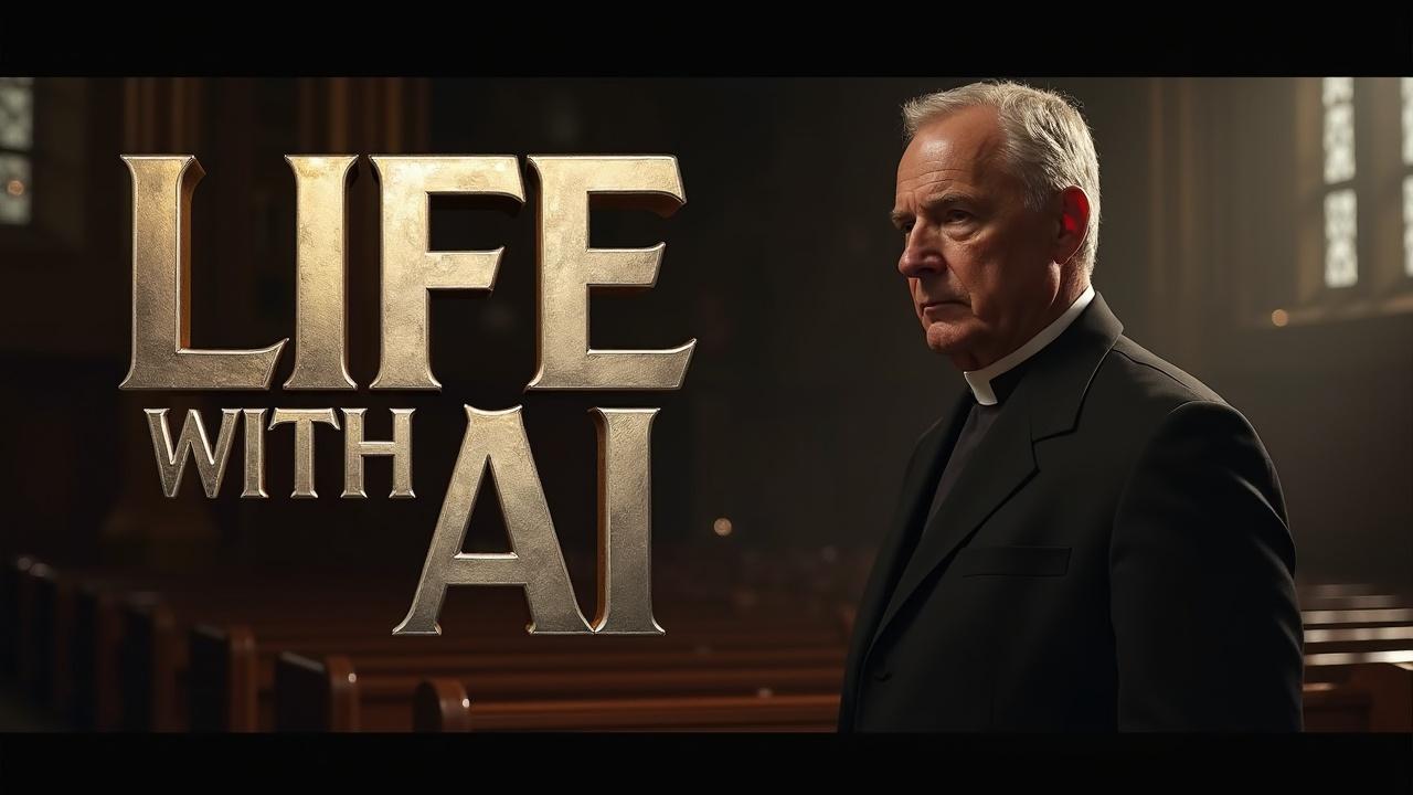 The image features an elder priest standing solemnly in the warm, dim interior of a church. He gazes thoughtfully to the side, clad in traditional clerical attire, with rows of wooden pews extending into the background. The image is accompanied by bold text reading 'Life with AI,' hinting at a narrative intersecting technology and spirituality.