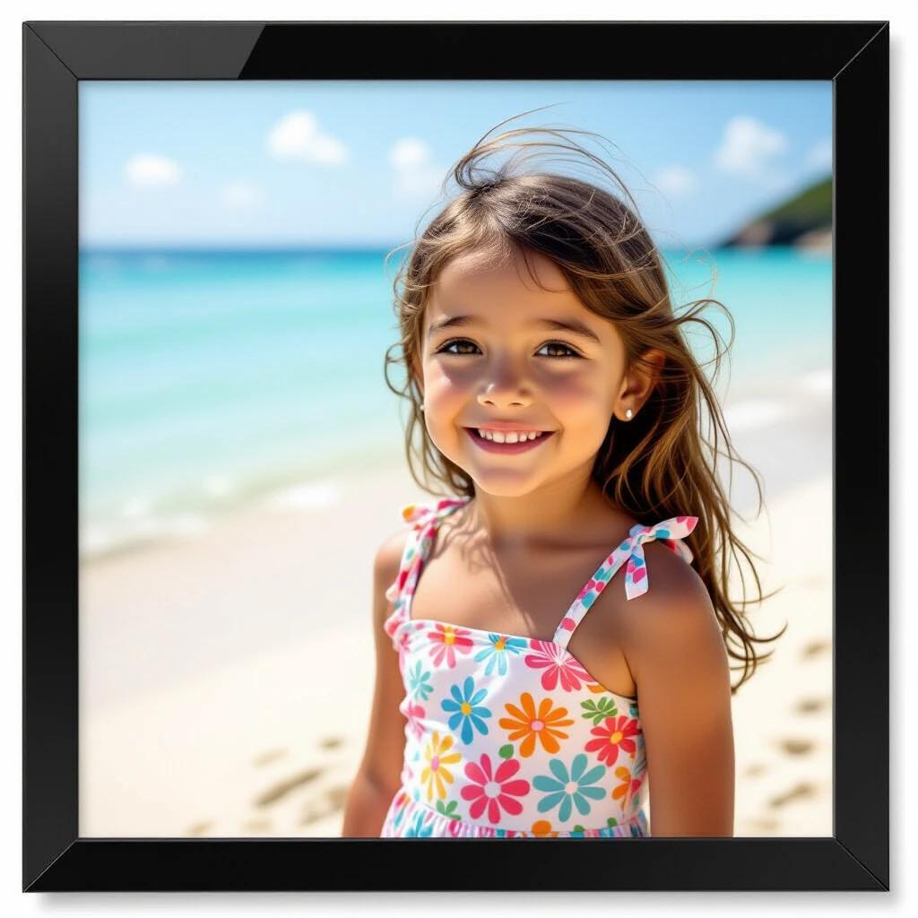 A child appears at the beach. The girl wears a pink and colorful dress. She stands on the sand near the water. A clear blue sky is visible. Light winds move her hair gently.