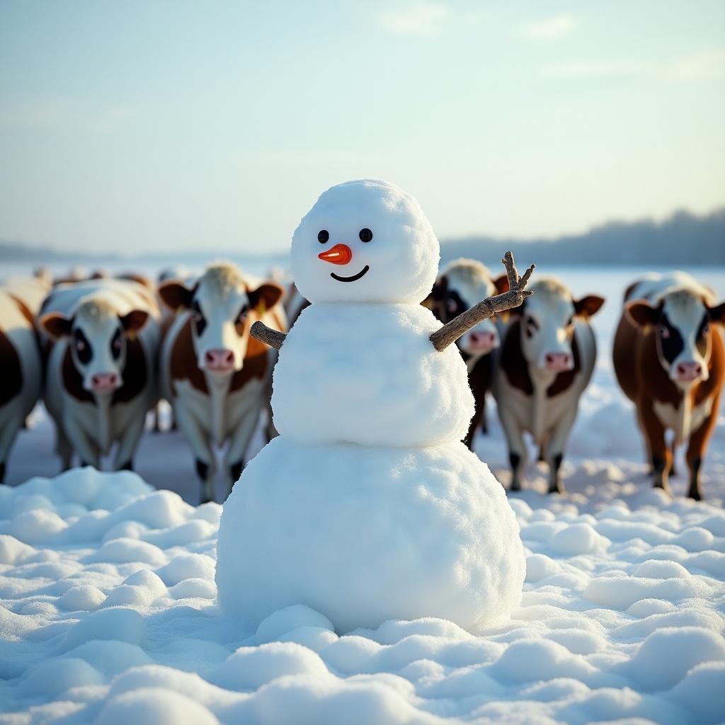 A snowman stands in a snowy field surrounded by cows. The snowman has a smile, orange nose, and stick arms. Cows appear in the background, creating a rural winter scene.