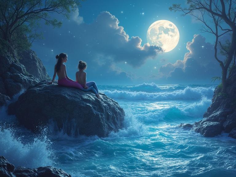 Fantastical lagoon with rainbow-tinted water. Mermaids relaxing on a large rock. Bubbles in the air. Moonlight illuminating the waves.