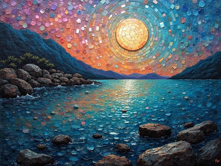 Iridescent ceramic tile and glass mosaic depicting an abstract nocturnal scene. The artwork features a vibrant sunset over water with hills in the background. Colors are rich and varied, creating an ethereal atmosphere with reflective properties in the water.