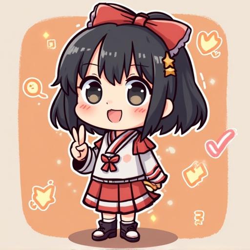 A cute chibi character in a school uniform with a bow, posing playfully with a peace sign against an orange background.