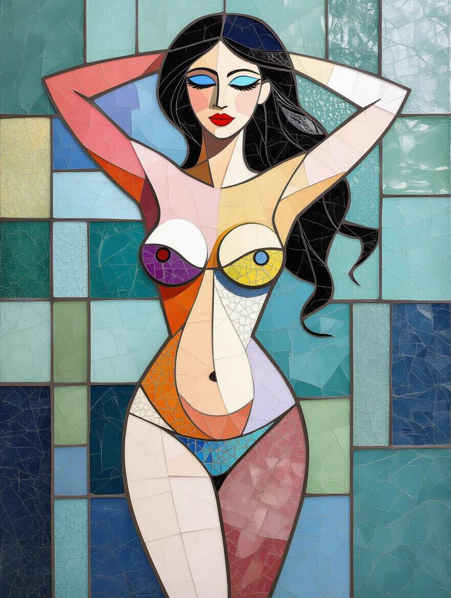 Abstract art featuring a colorful mosaic of a nude figure. Iridescent ceramic tiles and glass create a sense of depth. The artwork has a modern, ethereal quality reminiscent of Matisse's style. Influences of encaustic mixed media techniques add texture and interest.