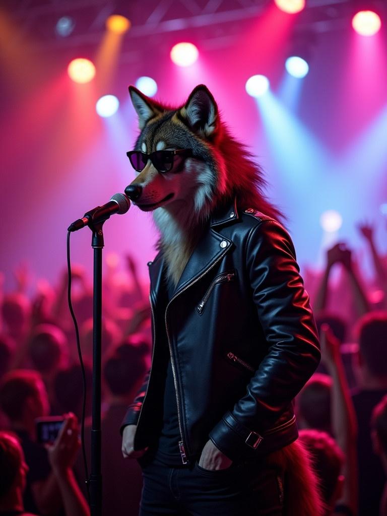 Lively concert scene. Trendy wolf in leather jacket. Wolf wears sunglasses. Wolf stands confidently by a microphone. Colorful lights illuminate the energetic crowd. Vibrant rock concert atmosphere.