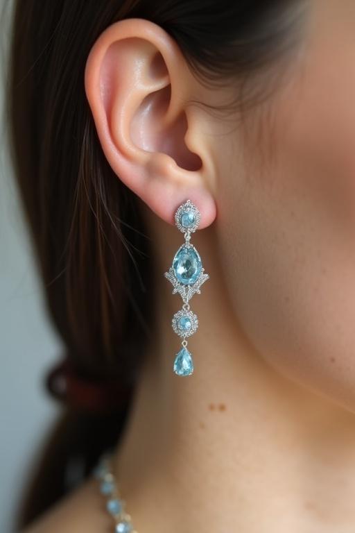 Aquamarine earrings showcased on a model. Earrings feature small stones and intricate design. Model displays earrings in side profile. Soft natural lighting highlights the gemstones.