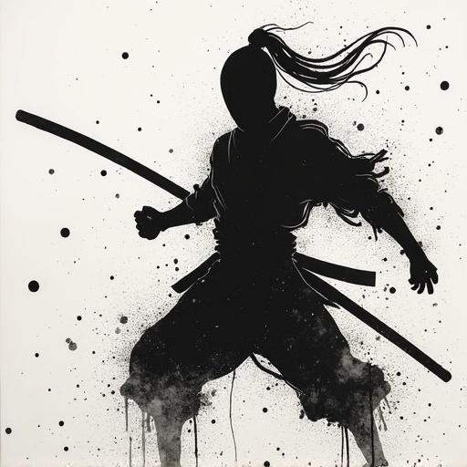 Ink splash art on rice paper. Inspired by ninja warrior. Monochromatic color scheme. Depicts a dynamic pose with a sword. Silhouette in stark contrast to splattered background.