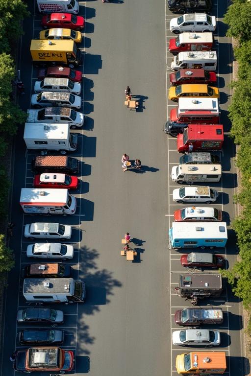 Aerial view of a trapezium parking lot with forty four food trucks parked vertically. Defined parking spaces visible. Pedestrian scene in the middle featuring tables for seating.