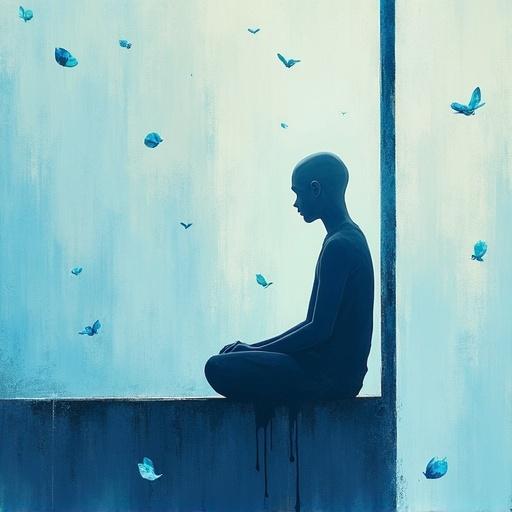 Bald human figure sits on a tall bar surrounded by butterflies. Dreamy minimalist setup with a calming blue color. Contemporary digital painting showcases abstract textures. Emotive storytelling through visual metaphor.