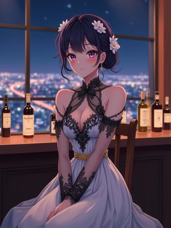 Detailed anime-style illustration of an elegant woman with dark violet hair in an updo wearing a black and white lace dress. Positioned in front of a large window showcasing a nighttime cityscape with soft ambient lighting. The woman is styled beautifully with floral accessories and a golden belt accentuating her waist, focused on her refined features and expressive violet eyes. The composition conveys a blend of vintage and modern aesthetics.