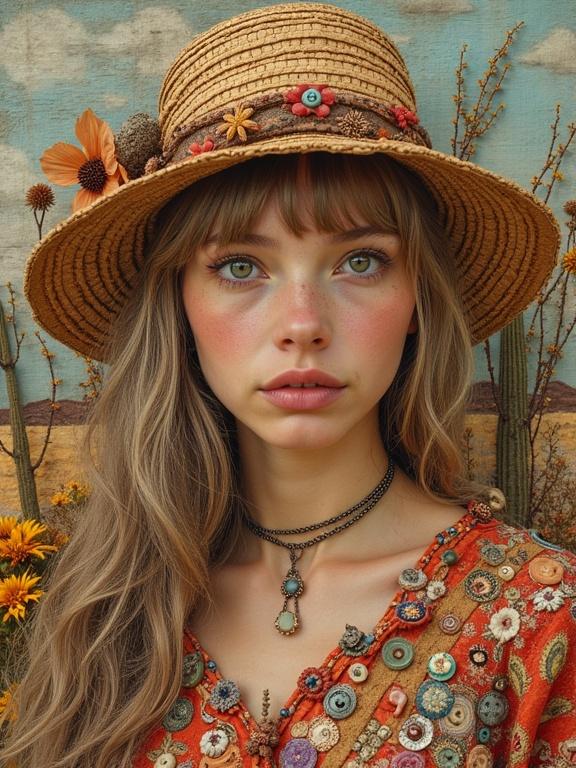Close-up of a model in a stylish hat with dried flowers. Model wears vibrant embroidered clothing with natural elements. Background features desert scenery and quilts.